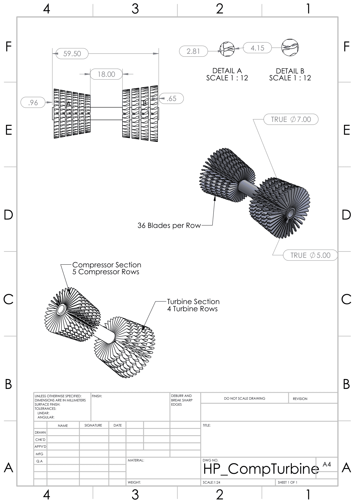 High-pressure compressor/turbine engineering drawing